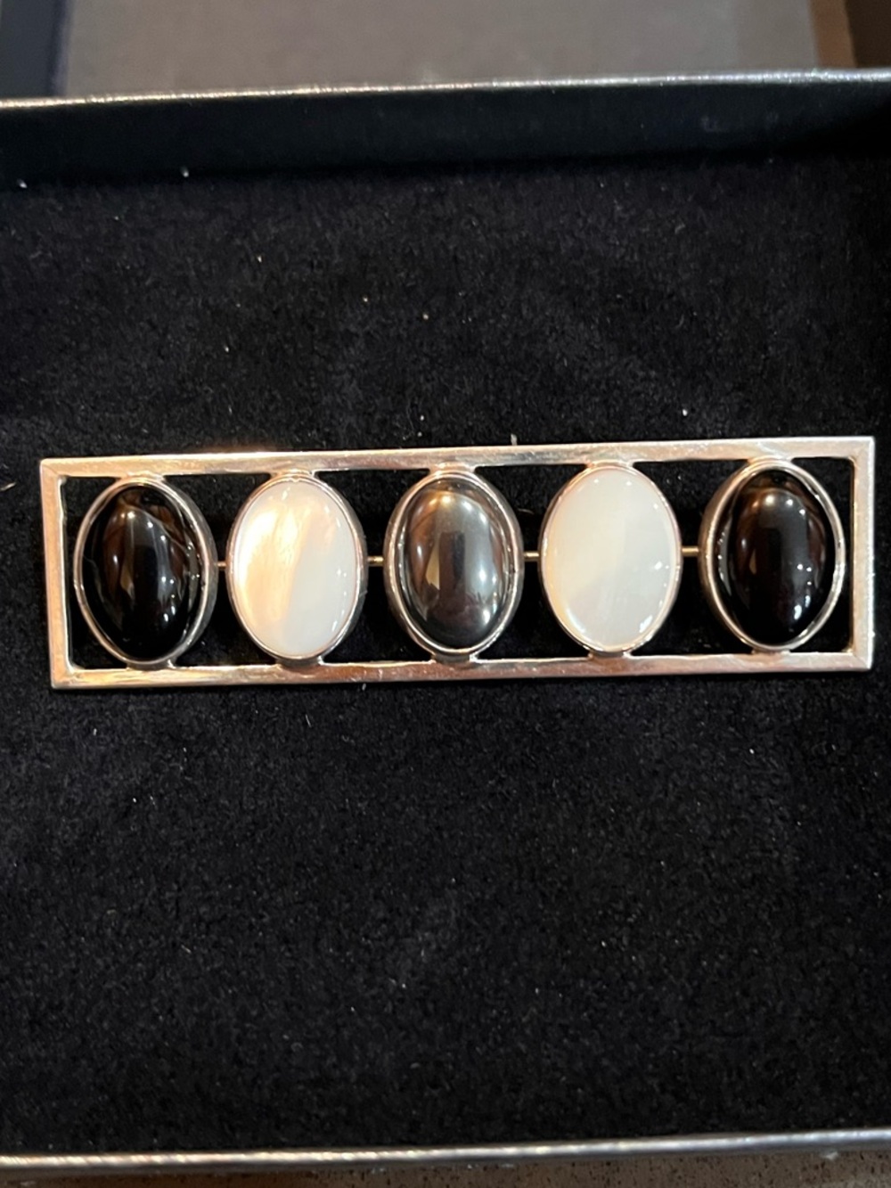 VNT Sterling Silver MultiStone Bar Brooch Onyx,MotherofPearl Hematite  Cabochons